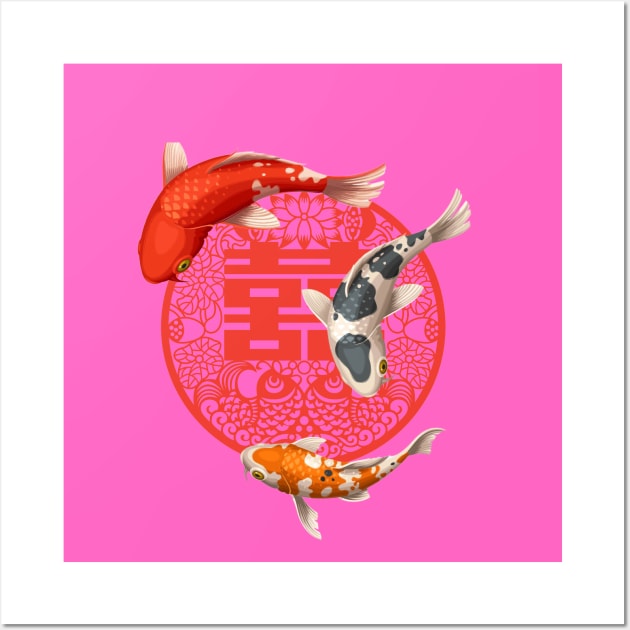 Double Happiness Koi Fish Hot Pink with Red Symbol - Hong Kong Retro Wall Art by CRAFTY BITCH